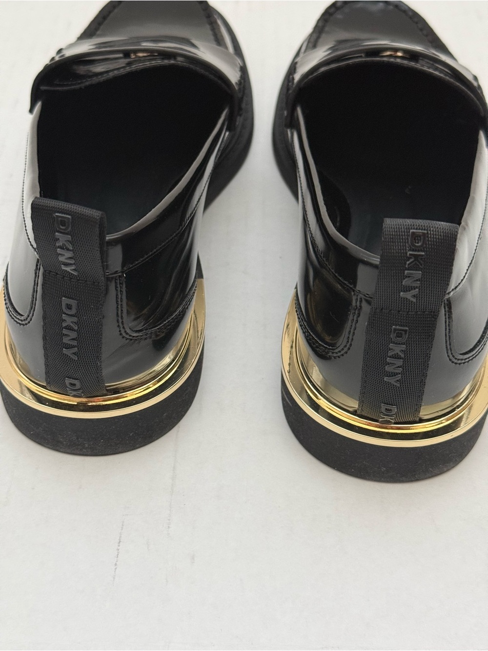 DKNY Black Patent Loafers with Gold Accent Size 10 - Picture 6 of 14